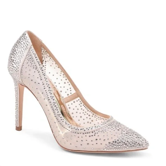 Badgley Mischka Weslee Embellished Satin & Mesh Pointed Toe Pumps - Picture 1 of 7